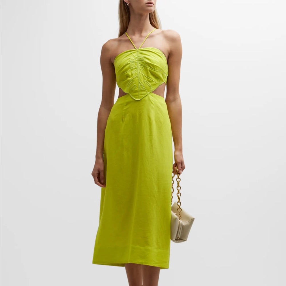 FARM RIO Lime Green Monstera Linen Midi Dress, Small
